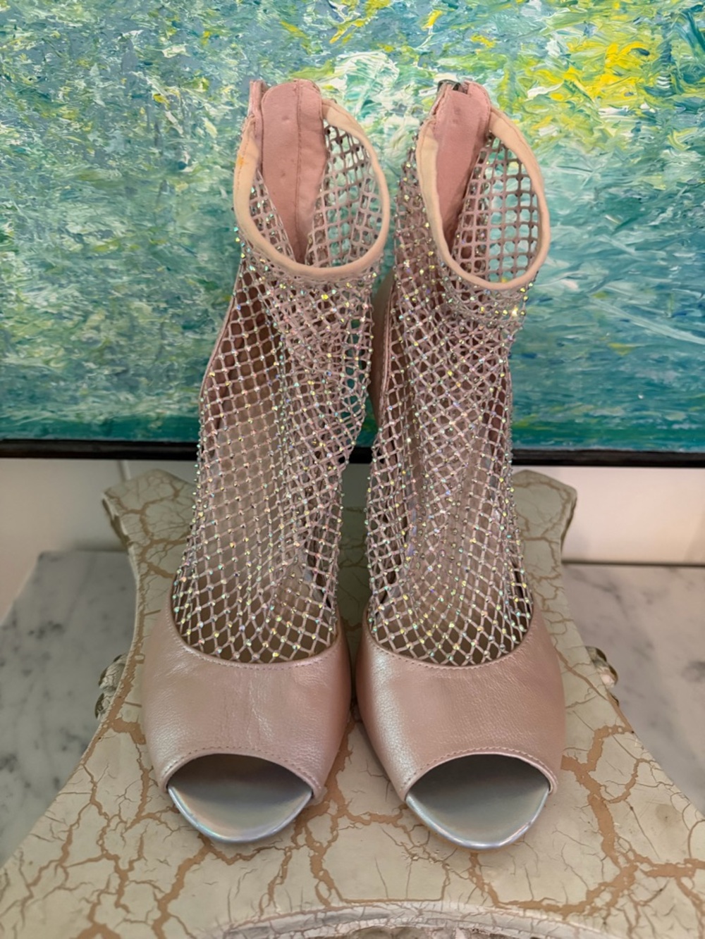 Moda in Pelle Elegant Pink Leather and Crystal Mesh Peep-Toe Heels